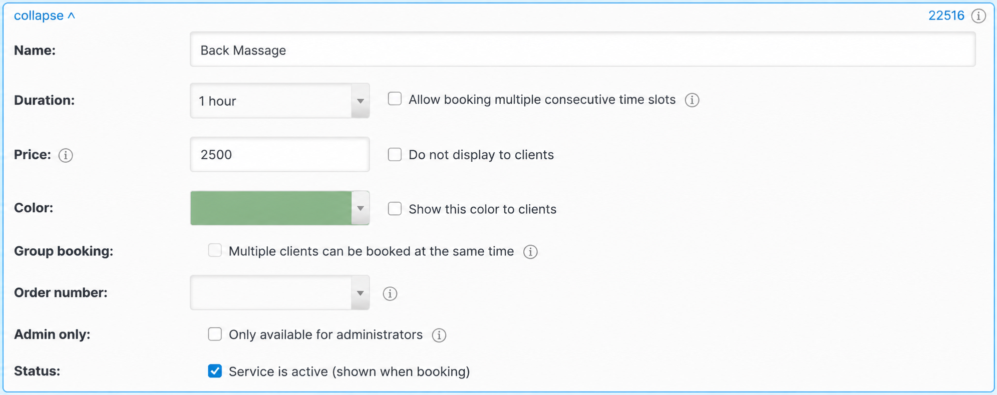 Service duration and the option to book consecutive periods
