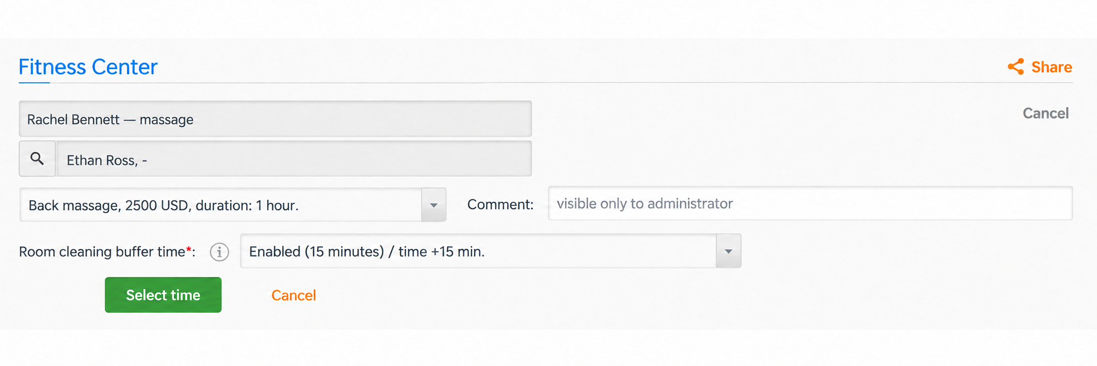 Administrator booking panel showing the extra 15 minutes