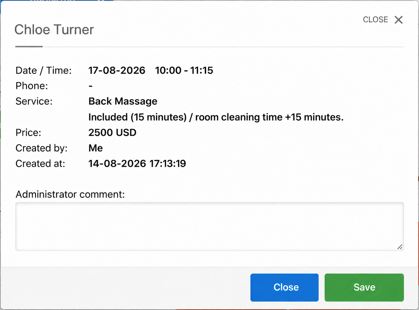 Appointment information including the cleaning option