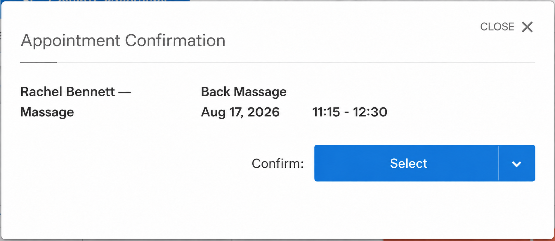 Client confirmation showing the final appointment interval