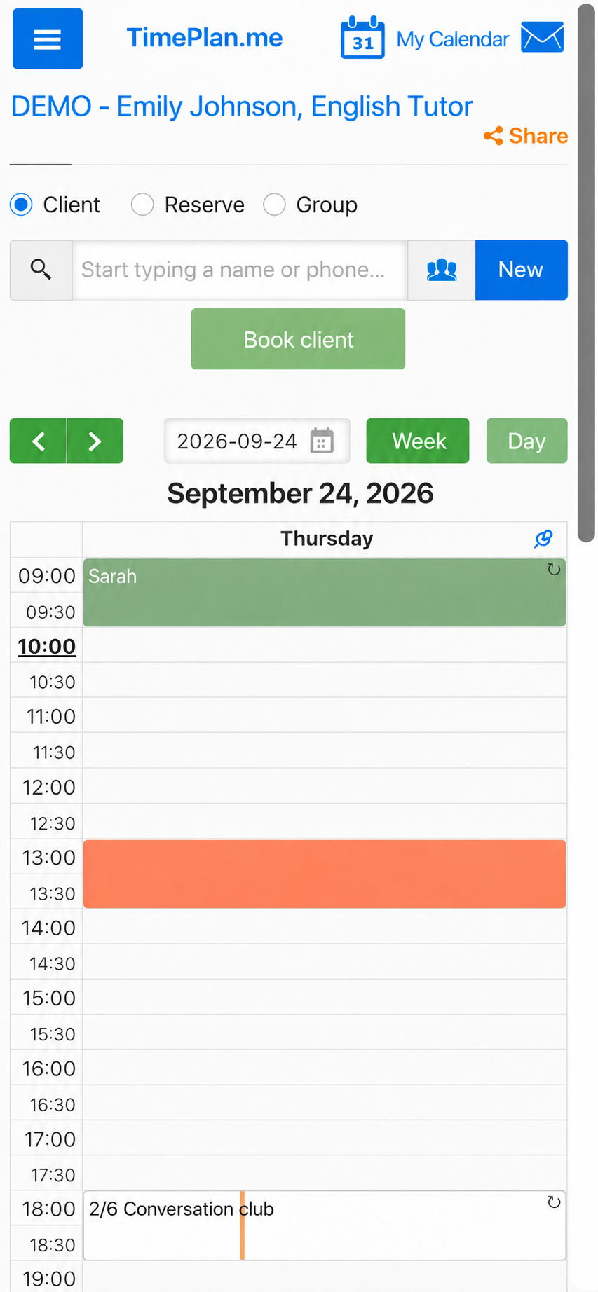 The tutor's calendar on a phone