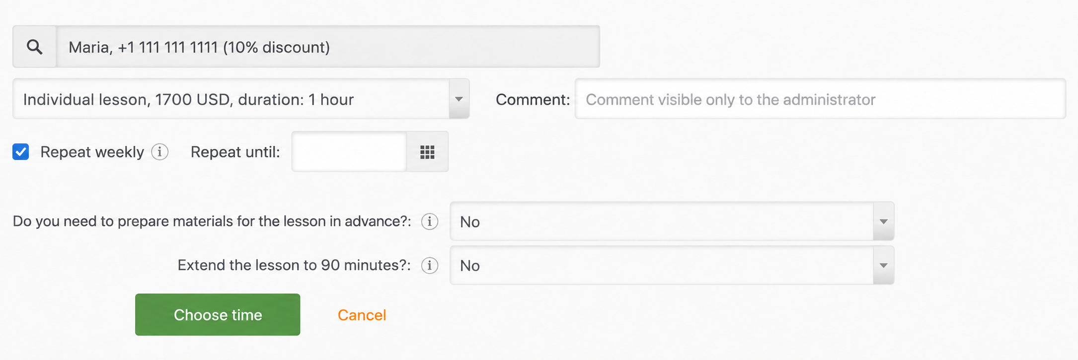 Student search, service selection and lesson options
