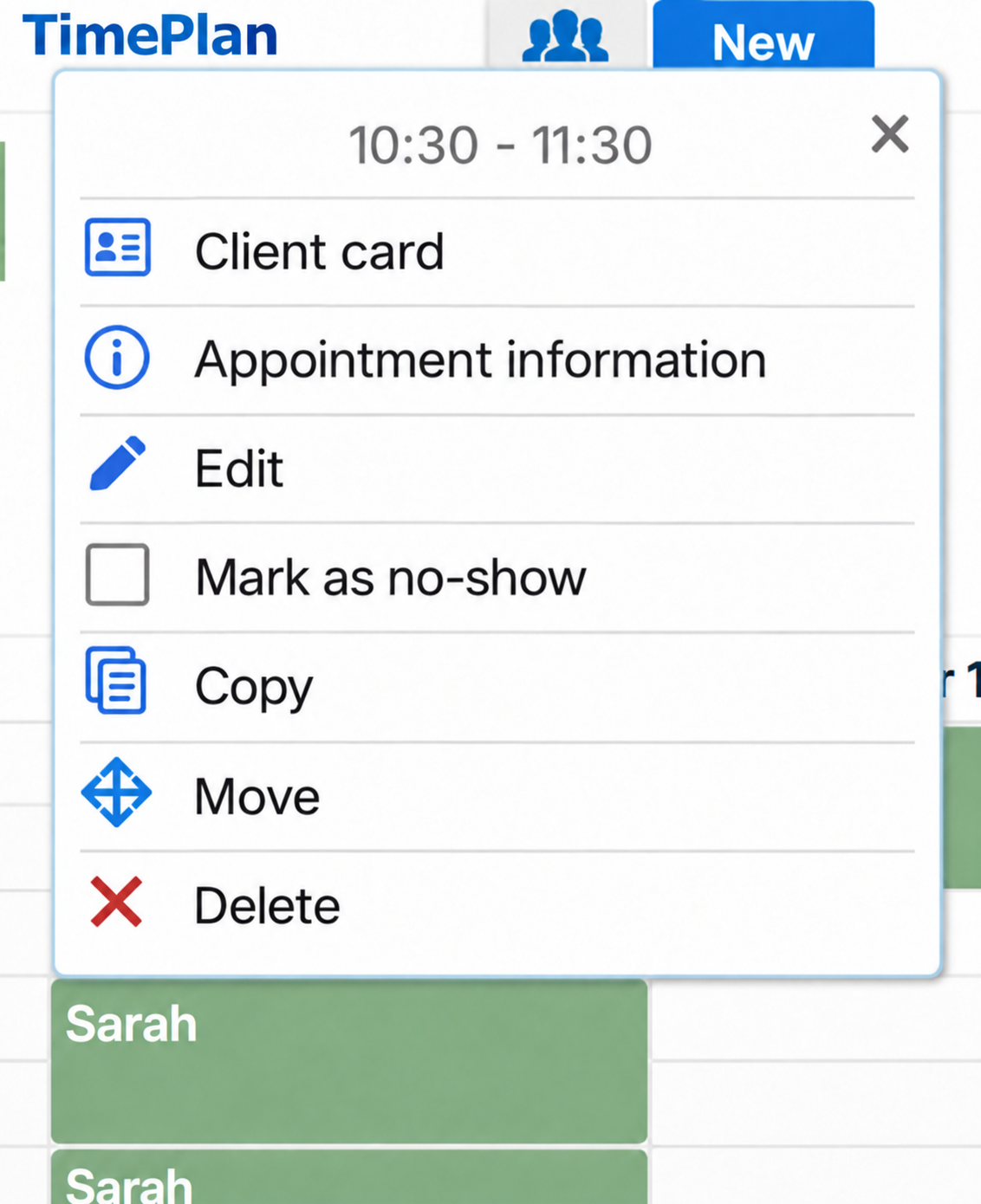 Lesson menu with Mark as no-show