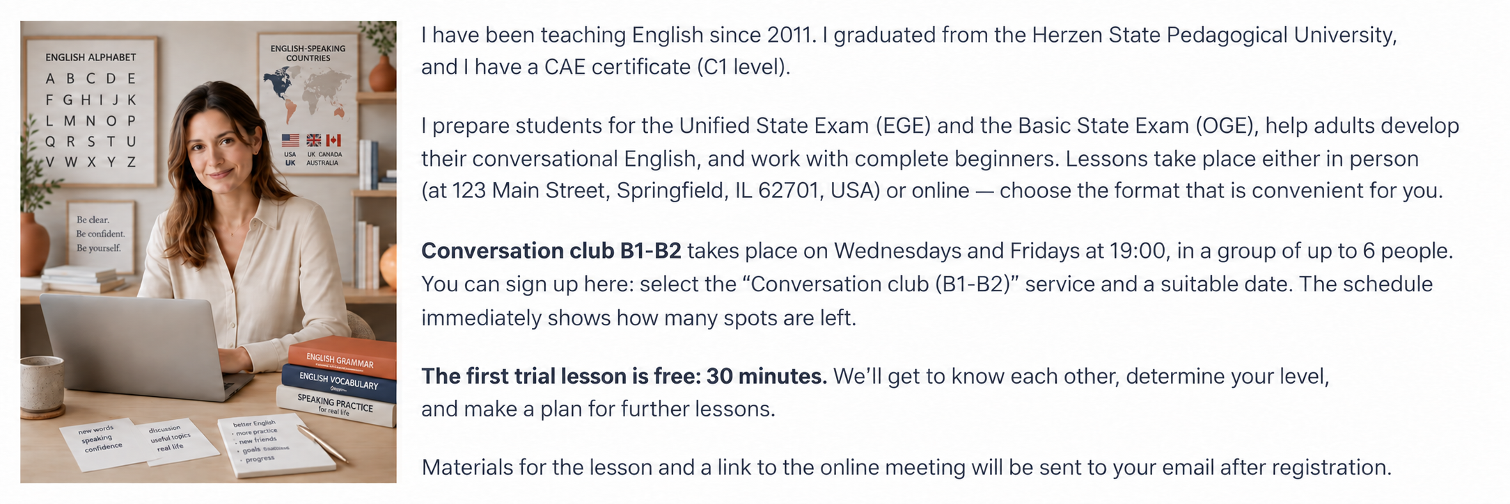 Tutor profile on the booking page