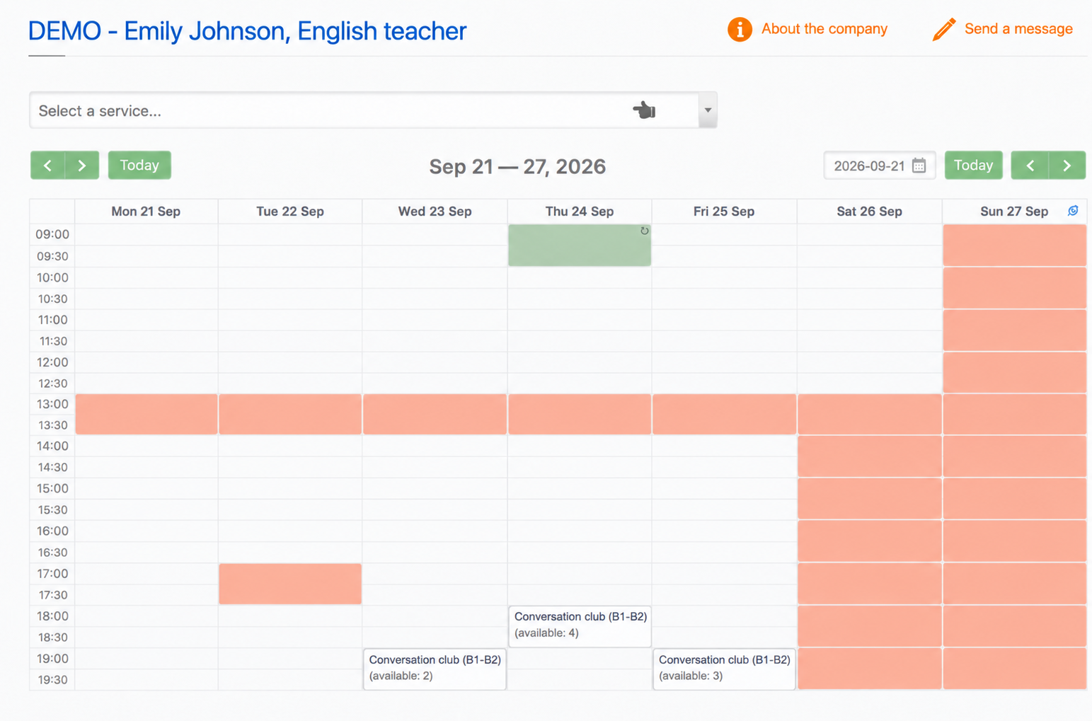 The booking page from the student's perspective