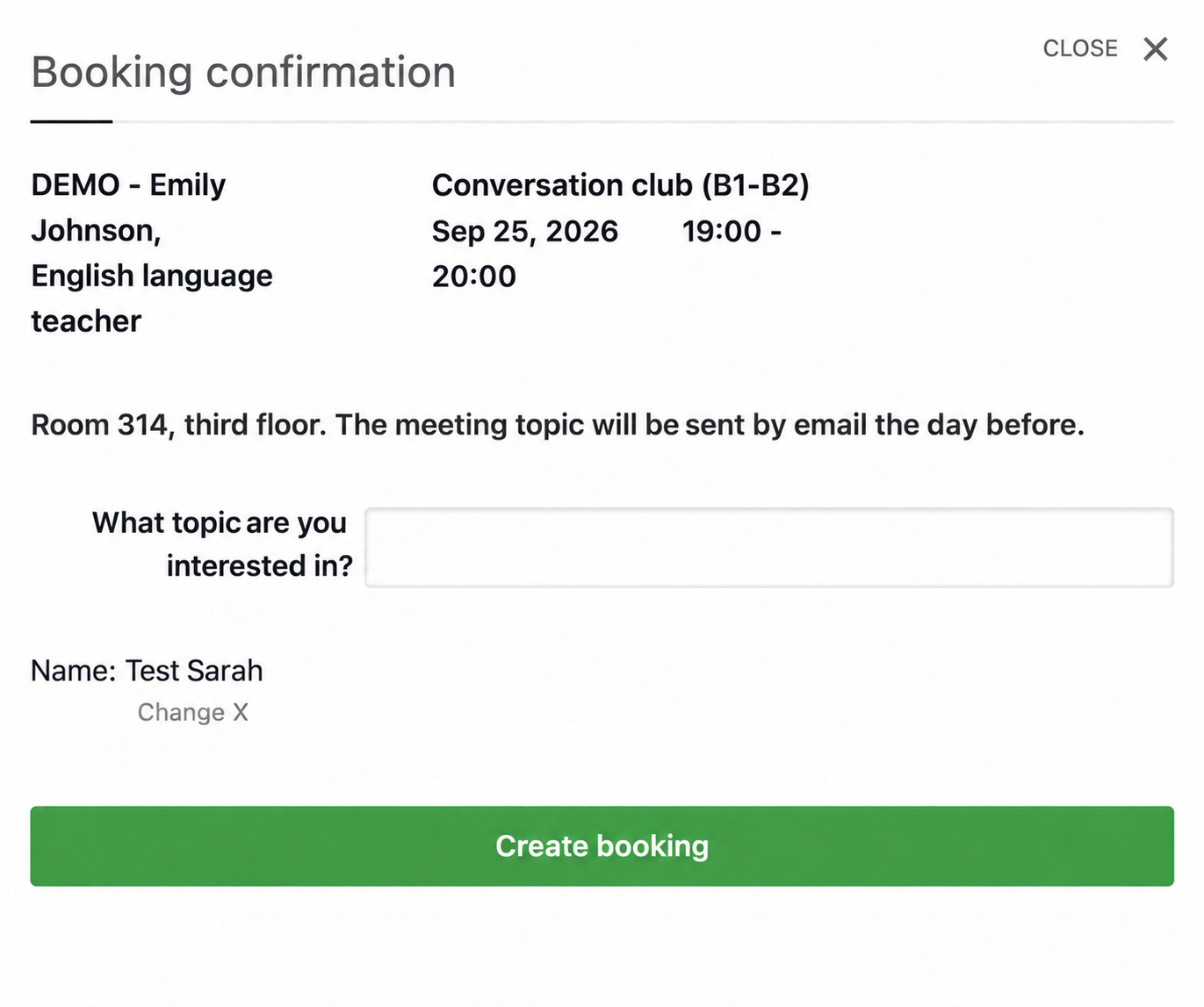 Confirming a conversation-club booking