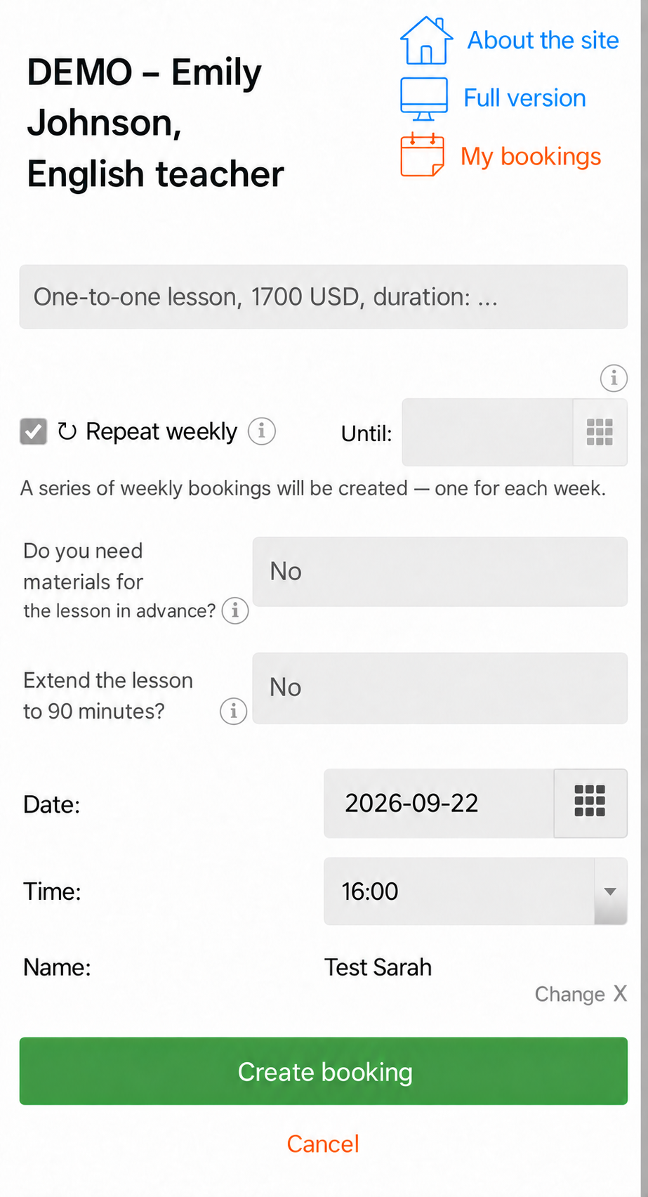 Booking a recurring lesson on a phone